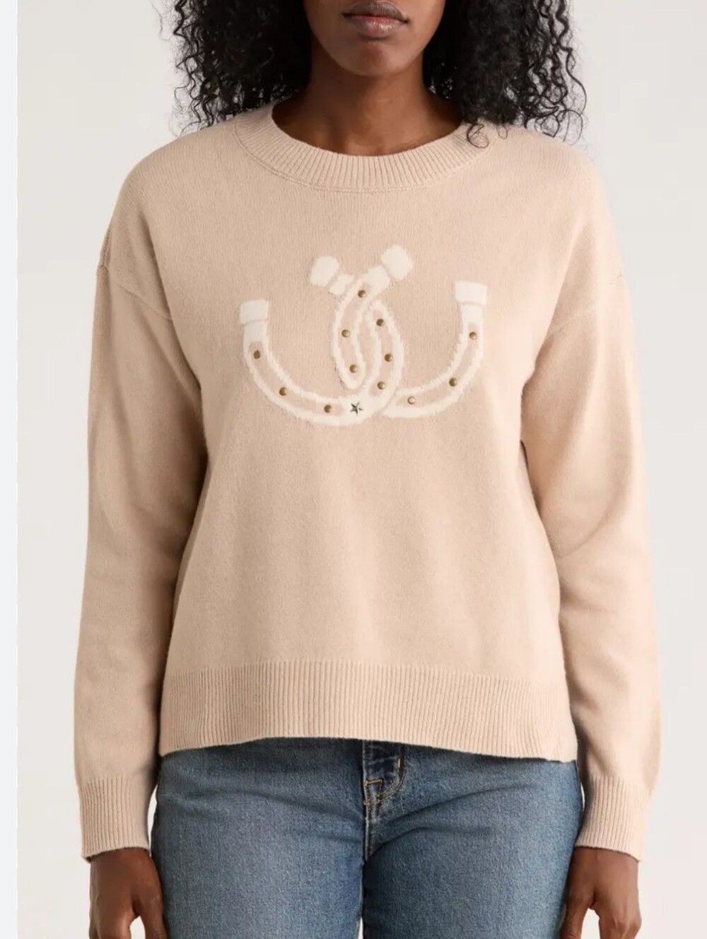 Lucky Brand Horseshoe Studded Sweater Camel Multi Tan Western Long Sleeve Large